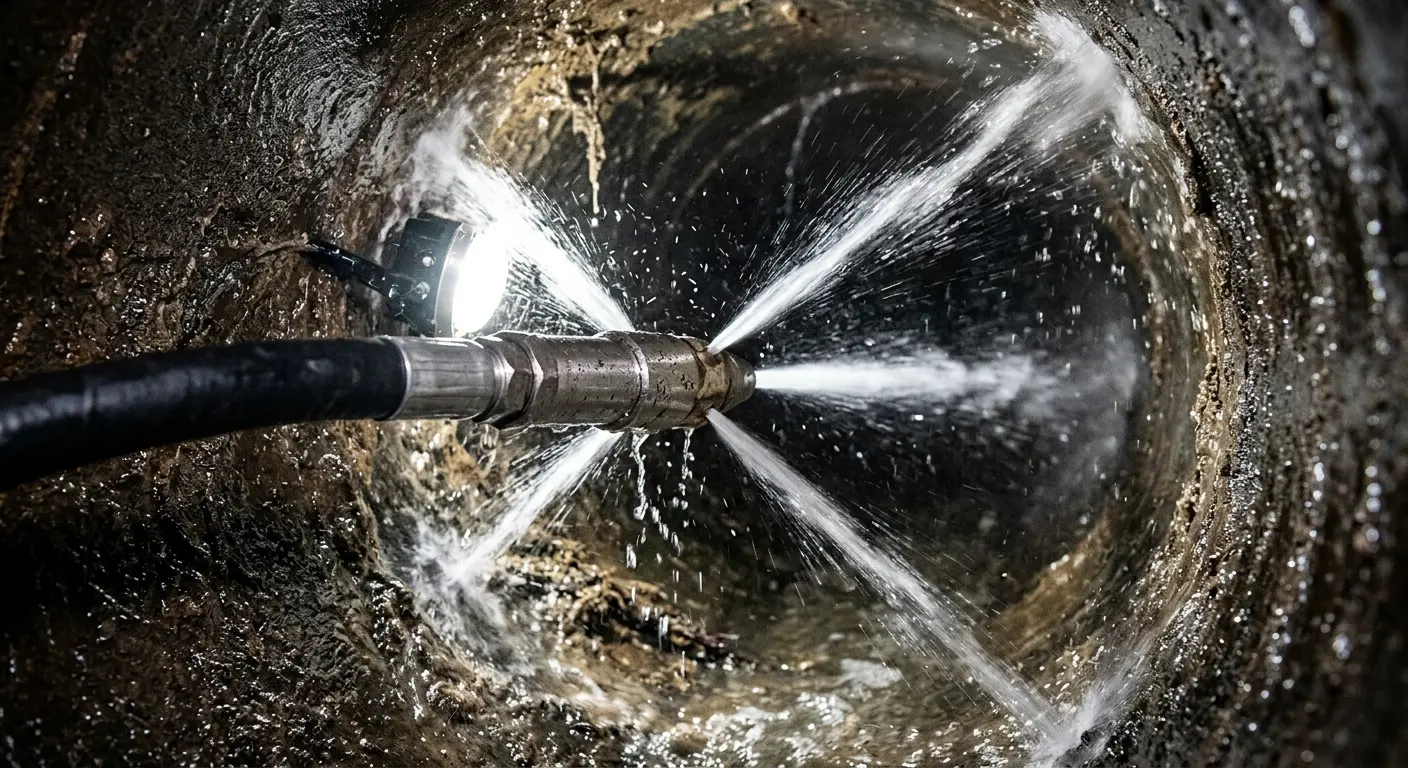 High-pressure hydro jetting nozzle cleaning sewer pipe for Sewer Cleanout in Brookhaven