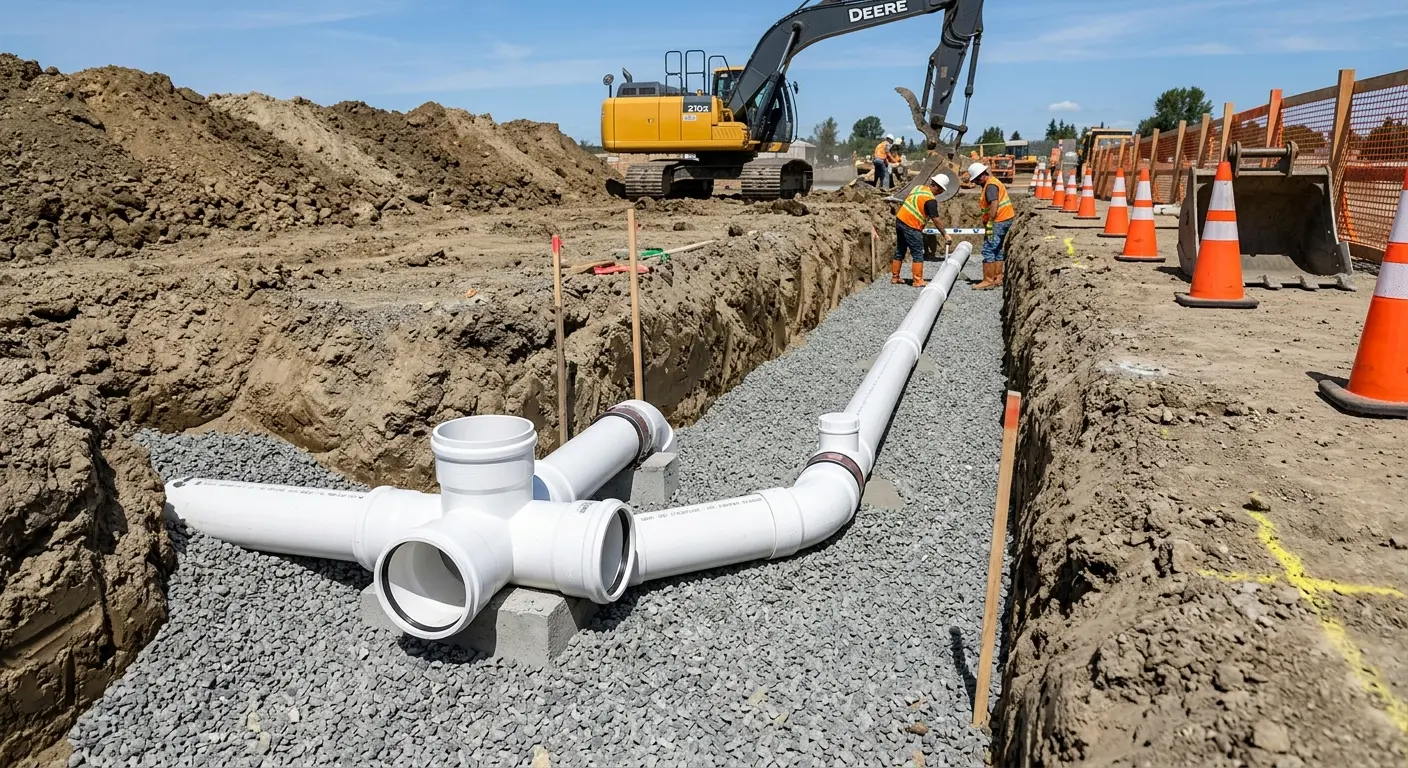 New PVC sewer pipe installation in open trench for Sewer Backup in Brookhaven