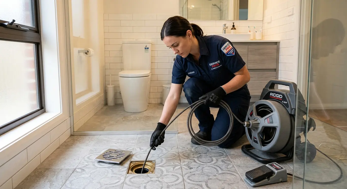 Technician clearing a bathroom floor drain for Sewer Line Replacement in Brookhaven